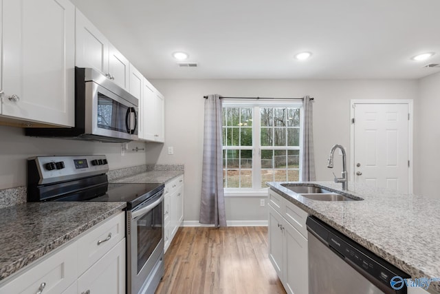 kitchen featuring light stone countertops, sink, white cabinets, and appliances with stainless steel finishes