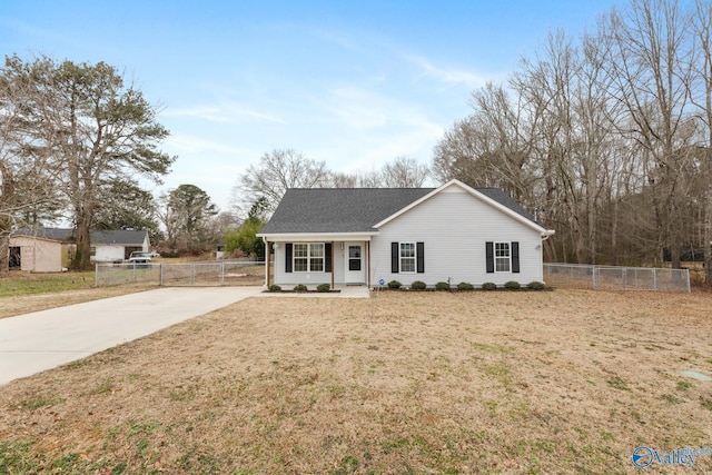 single story home with a front lawn and a porch