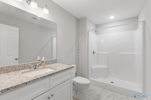 bathroom with vanity, toilet, and walk in shower