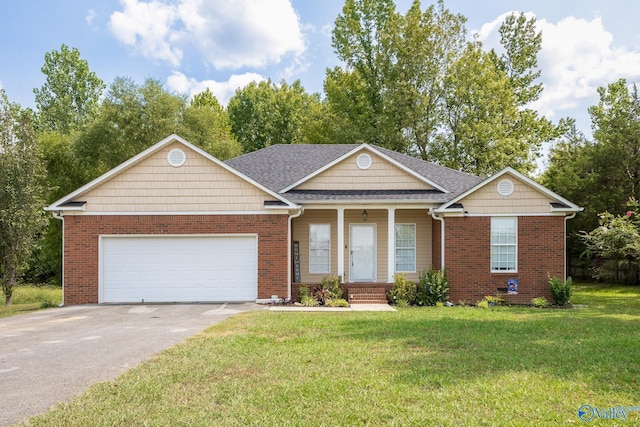 view of front of house featuring a garage, a porch, and a front lawn