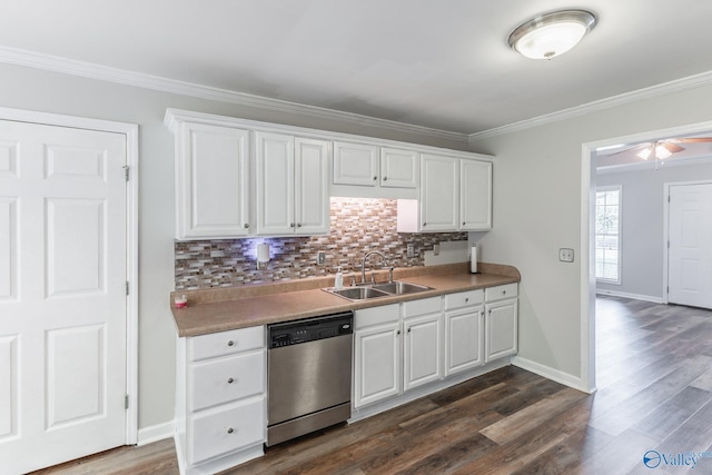 kitchen featuring sink, stainless steel dishwasher, white cabinets, and dark hardwood / wood-style floors