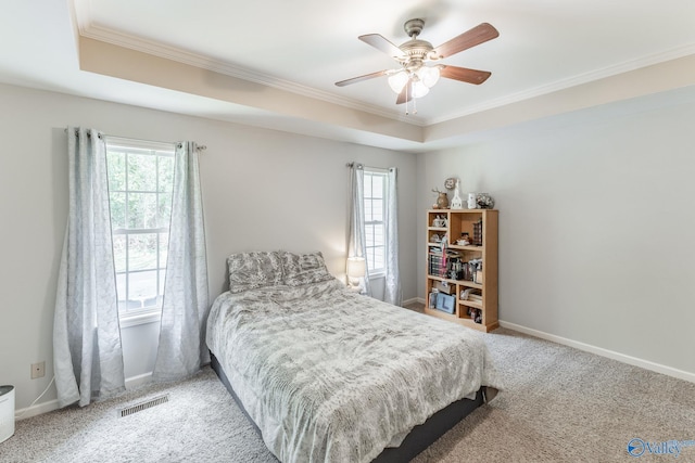 bedroom with a tray ceiling, carpet floors, and multiple windows