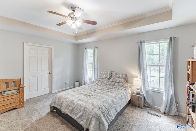 carpeted bedroom featuring multiple windows, a tray ceiling, and ornamental molding