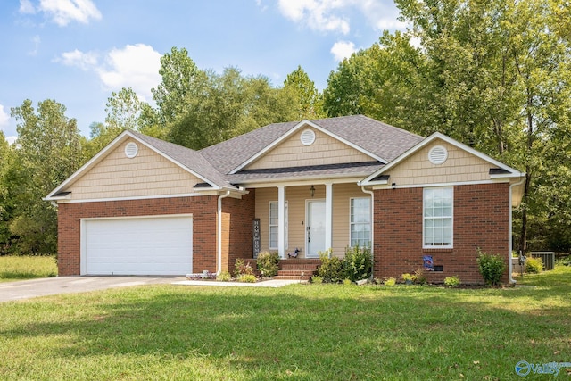 view of front of house with a porch, a garage, and a front lawn