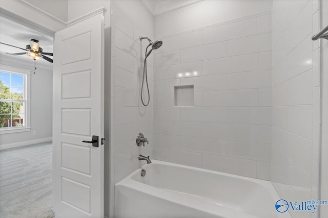 full bathroom with shower / bath combination, baseboards, and a ceiling fan