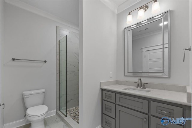 bathroom with toilet, baseboards, marble finish floor, ornamental molding, and a shower stall