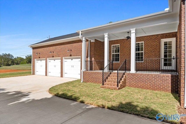 view of front of home featuring an attached garage, a porch, concrete driveway, and brick siding