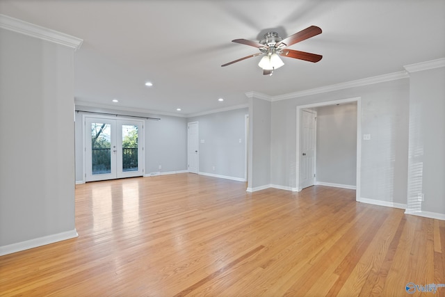 unfurnished room featuring ceiling fan, french doors, crown molding, and light hardwood / wood-style flooring