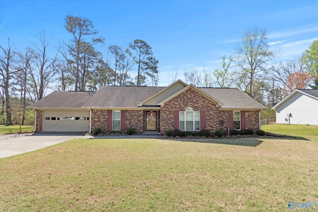 single story home featuring brick siding, driveway, a front lawn, and an attached garage