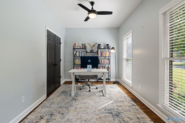 office with ceiling fan and dark wood-type flooring