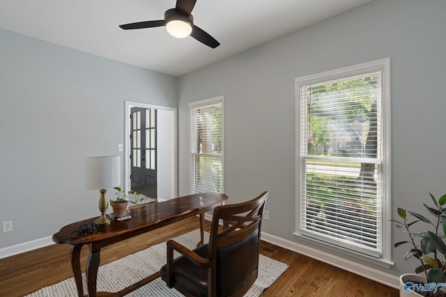 office area featuring a healthy amount of sunlight, ceiling fan, and dark wood-type flooring