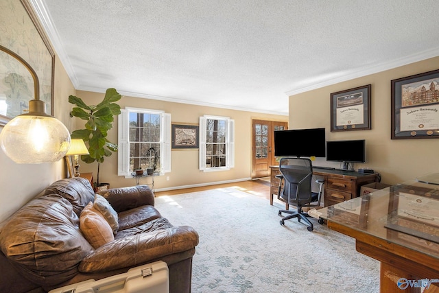 office space featuring a textured ceiling, baseboards, wood finished floors, and crown molding