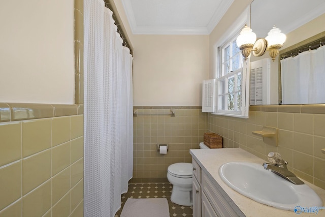 full bath with crown molding, tile walls, toilet, and vanity