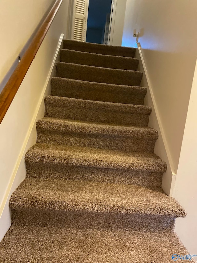 stairway featuring carpet