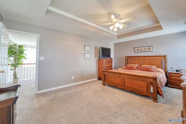 bedroom with a raised ceiling, a textured ceiling, carpet floors, and access to exterior