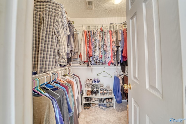 spacious closet with visible vents and carpet floors