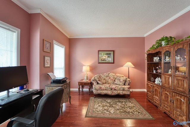 office space with a wealth of natural light, crown molding, and dark wood-type flooring