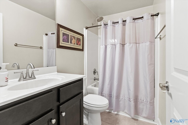 full bathroom featuring vanity, shower / tub combo with curtain, toilet, and tile patterned flooring