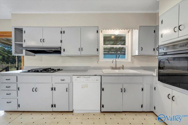 kitchen with oven, exhaust hood, white dishwasher, stainless steel gas cooktop, and sink