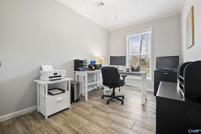 415 County Road 146, Leesburg, AL 35983 - office featuring a textured ceiling, visible vents, wood finish floors, baseboards, and ornamental molding