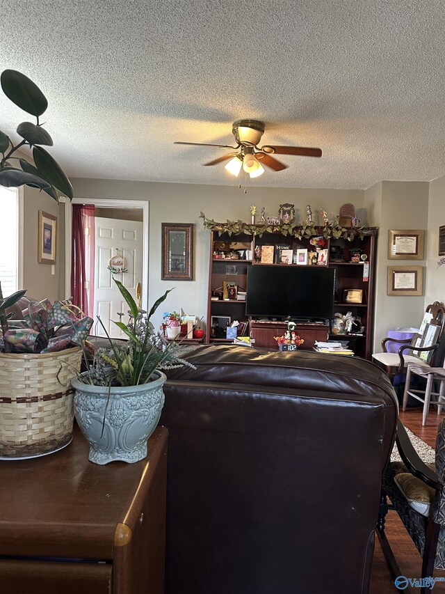 living room featuring hardwood / wood-style floors, a textured ceiling, and ceiling fan