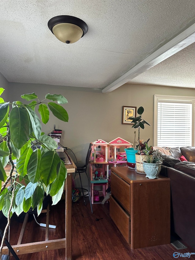 living room with hardwood / wood-style floors and a textured ceiling