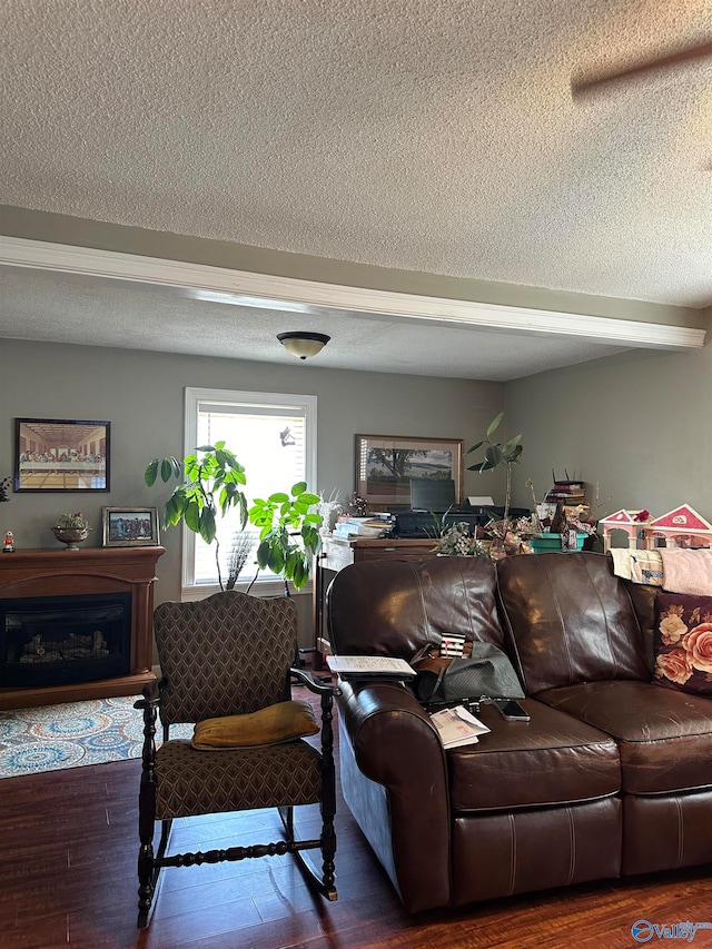 living room featuring a textured ceiling and dark hardwood / wood-style flooring