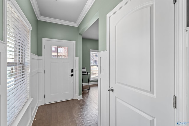 foyer with crown molding and dark wood-type flooring