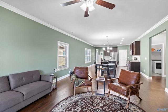 living room with baseboards, dark wood-style floors, and ornamental molding