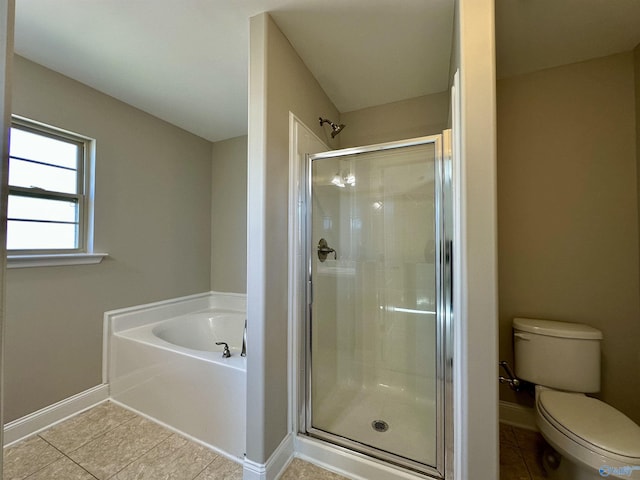 full bath featuring tile patterned flooring, toilet, baseboards, a bath, and a stall shower