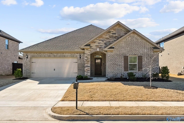 view of front facade featuring brick siding, a shingled roof, concrete driveway, a garage, and stone siding