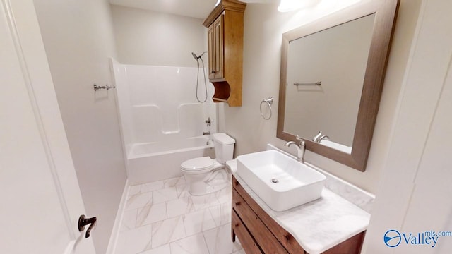 full bathroom with bathing tub / shower combination, vanity, and toilet