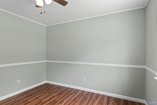 empty room with dark wood-style floors, ceiling fan, baseboards, and ornamental molding