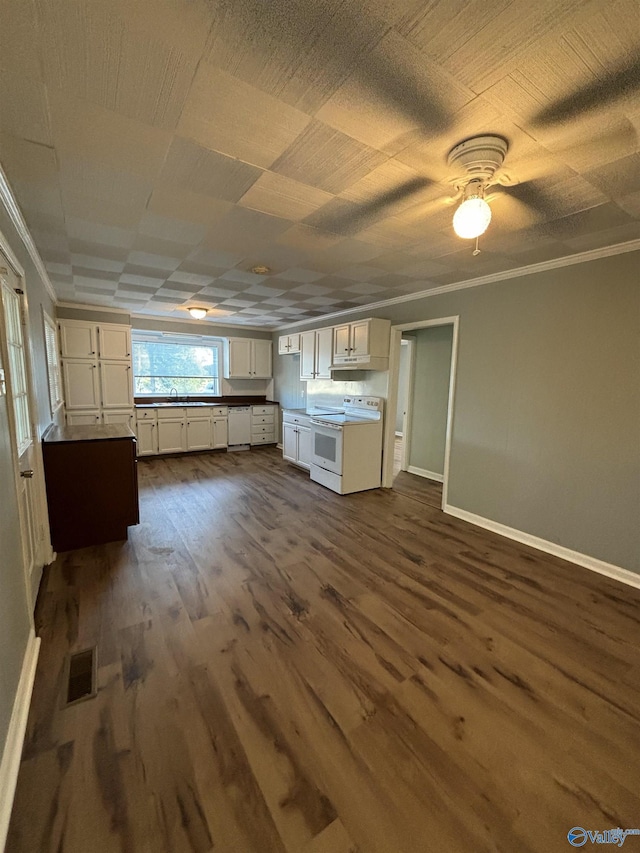 175 County Road 371, Centre, AL 35960 - kitchen with white electric range, crown molding, dark wood-type flooring, white cabinetry, and baseboards