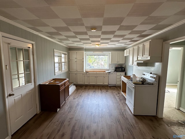 kitchen with white cabinets, crown molding, dark hardwood / wood-style flooring, and white range oven