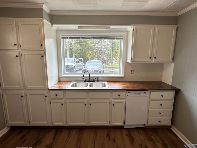 kitchen with white cabinetry, dark wood-type flooring, sink, and white dishwasher