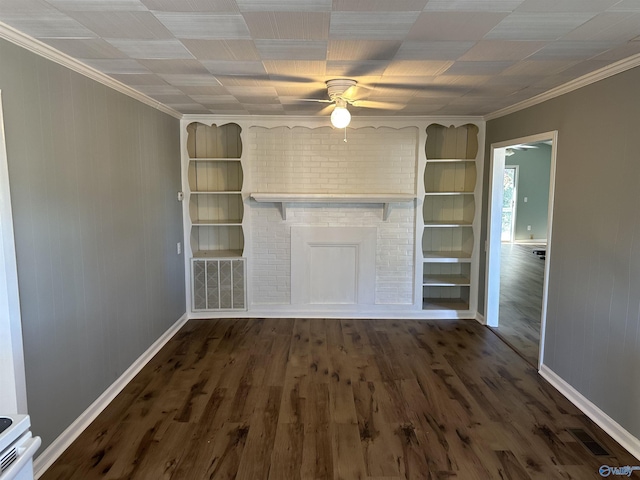 175 County Road 371, Centre, AL 35960 - unfurnished living room featuring a ceiling fan, baseboards, ornamental molding, dark wood-style flooring, and built in features