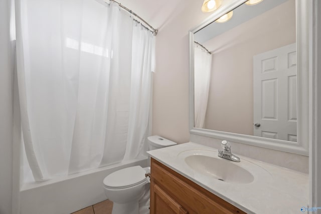 full bath with toilet, tile patterned flooring, vanity, and shower / tub combo with curtain