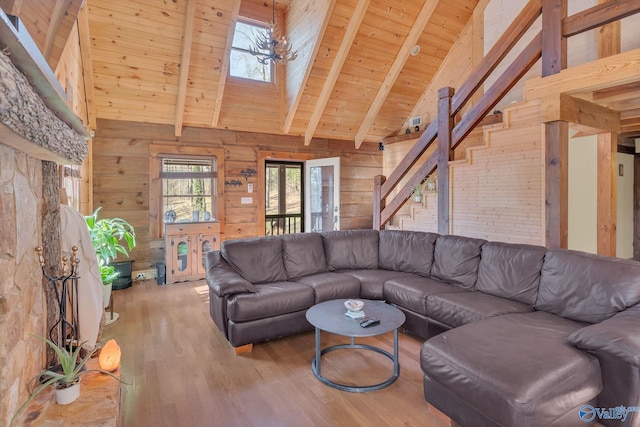living area featuring stairs, wooden ceiling, beam ceiling, wooden walls, and wood finished floors