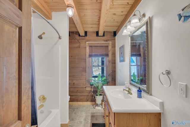 full bath with wood walls, vanity, beam ceiling, shower / bathing tub combination, and wooden ceiling