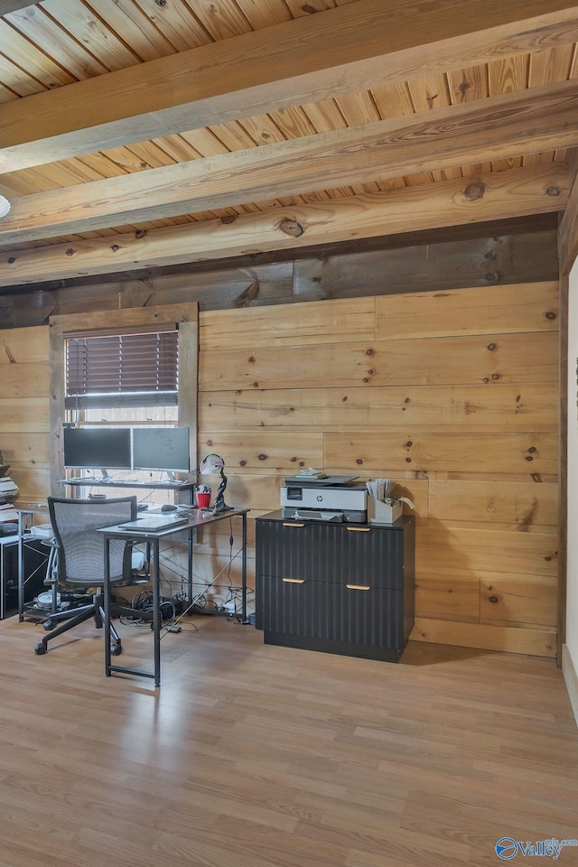 office space featuring beam ceiling, wood finished floors, wood ceiling, and wood walls
