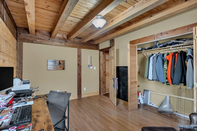 office space with beamed ceiling, wood finished floors, and wood ceiling