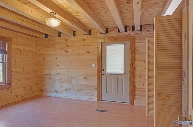 empty room with wooden ceiling, wood walls, and beamed ceiling