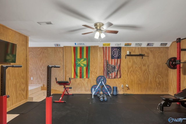 exercise room featuring visible vents, wooden walls, and ceiling fan