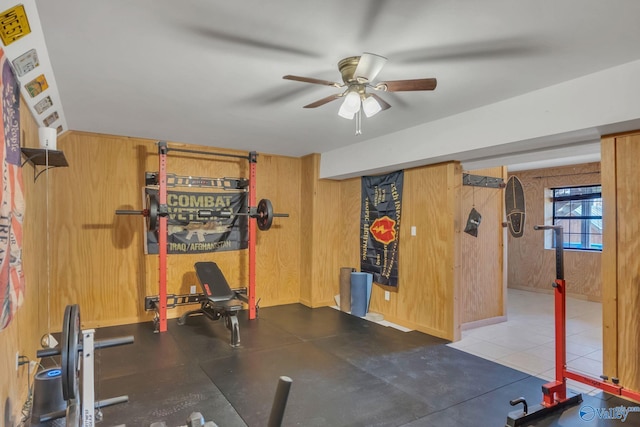 workout area with wood walls and ceiling fan