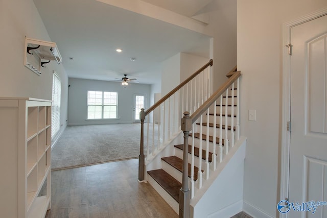 214 Tybee Dr, Madison, AL 35756 - stairs featuring a ceiling fan, wood finished floors, carpet floors, baseboards, and recessed lighting