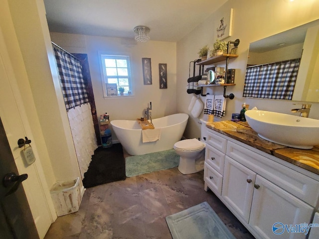 full bathroom with toilet, vanity, and shower with separate bathtub