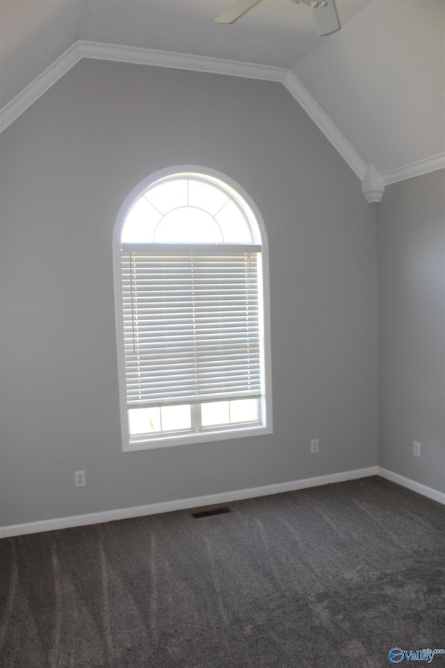 empty room with vaulted ceiling, carpet, a ceiling fan, and plenty of natural light