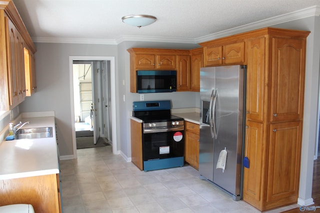 kitchen featuring a sink, light countertops, ornamental molding, appliances with stainless steel finishes, and brown cabinetry