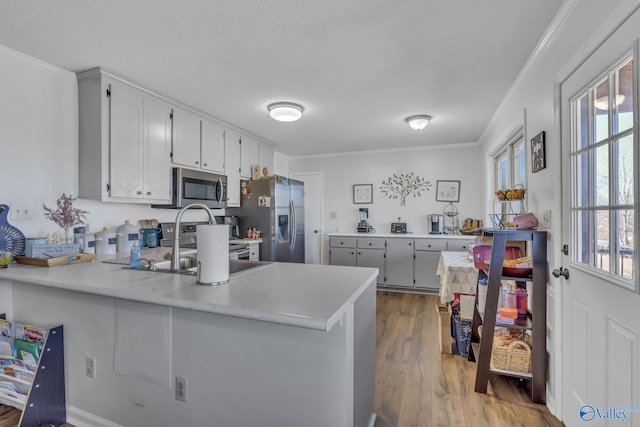 kitchen with stainless steel appliances, hardwood / wood-style floors, a textured ceiling, and kitchen peninsula